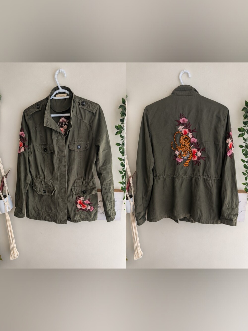 Vintage 100% Cotton Olive Utility Jacket with Floral & Tiger Embroidery